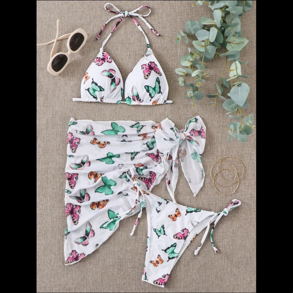 3PC MULTI BUTTERFLY BIKINI & COVER UP SKIRT SET-M
